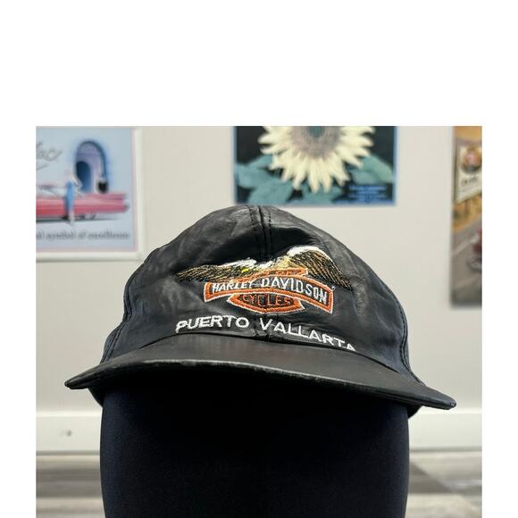 Vintage Harley Davidson Black Puerto Vallarta Leather Adjustable Biker Hat Cap - Picture 1 of 5